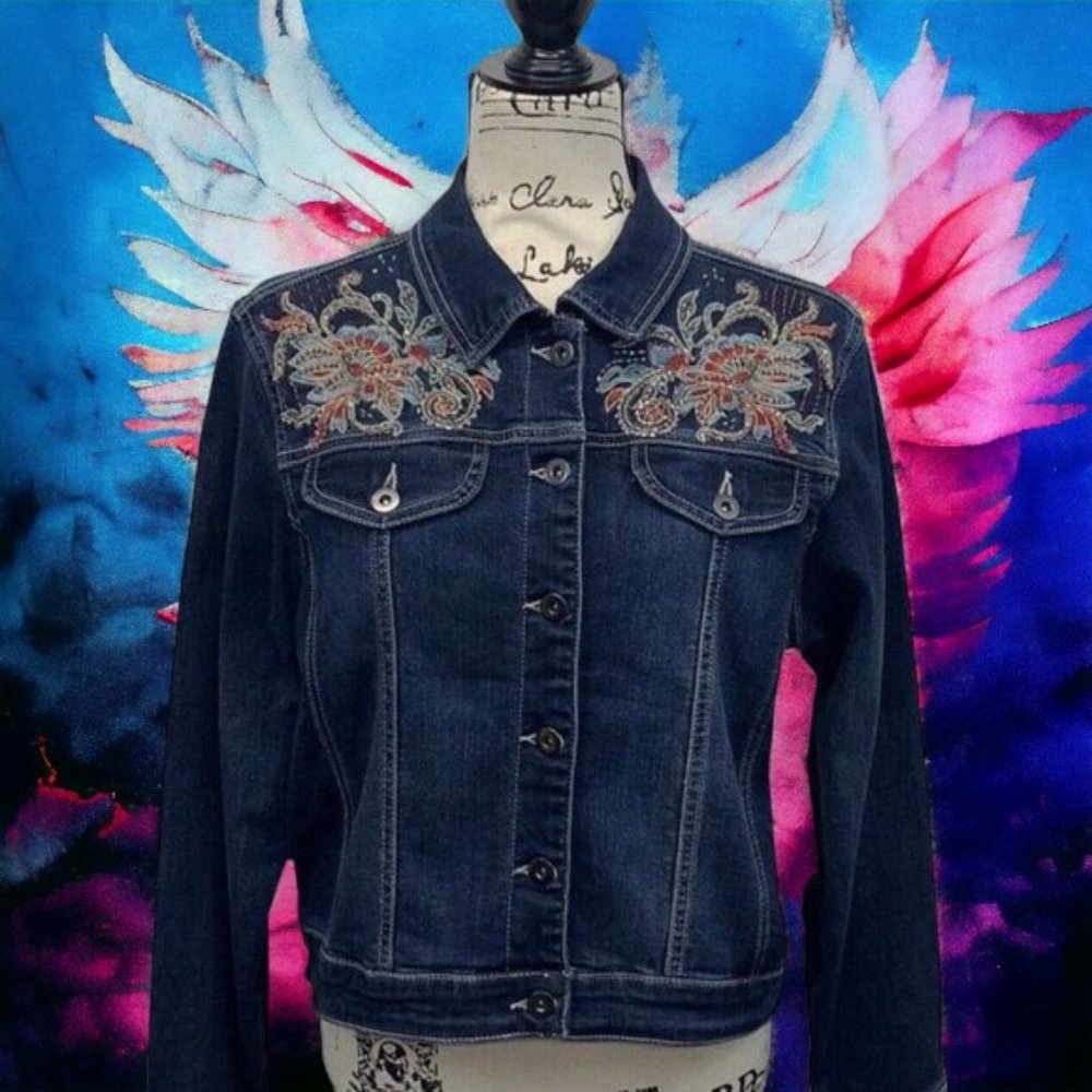 Reba/Dillards Blue Jean Jacket Embroidered Beaded